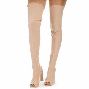 Stretchy Over Knee Jersey Boot Beige Peep Toe